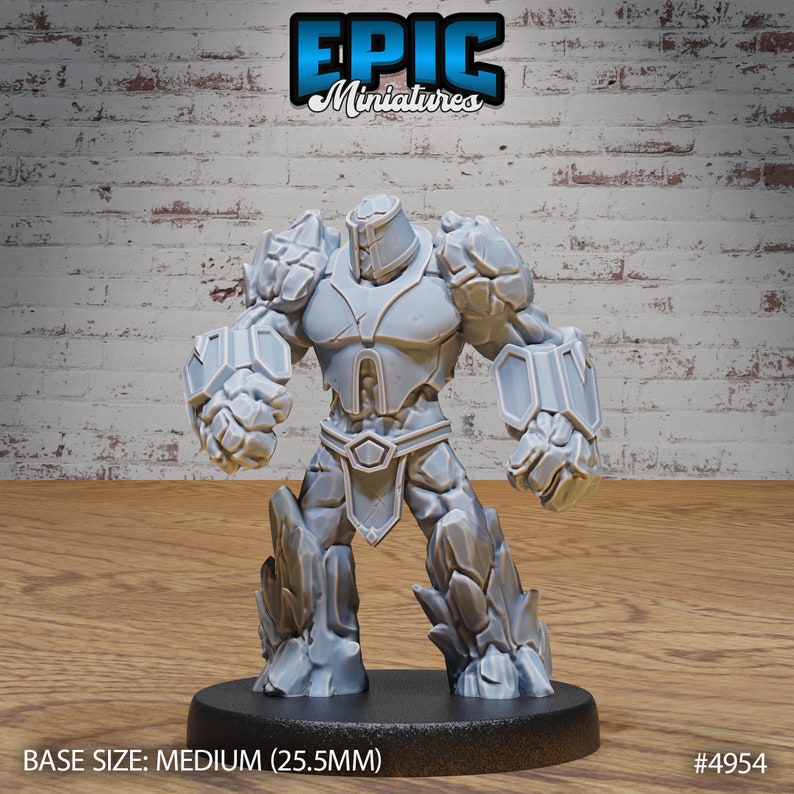 May include: A gray, stone-like figure with a helmet and armor, standing on a black base. The figure is a miniature, measuring 25.5 mm in height. The figure is labeled "EPIC Miniatures #4954".