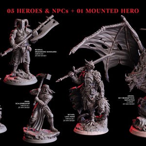 May include: A set of six miniature figures, including a mounted hero on a dragon, a warrior with a large axe, a figure holding a scroll, a figure with a hammer, a figure with a sword, and a figure with a spear. The figures are all painted in shades of gray and are set on circular bases.