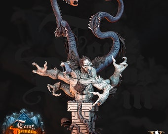 May include: A multi-limbed creature figurine with pale skin, dark fur accents, and two long, serpentine tentacles extending upward. The figure features multiple clawed hands and rests on a stone-like pedestal base with carved details.
