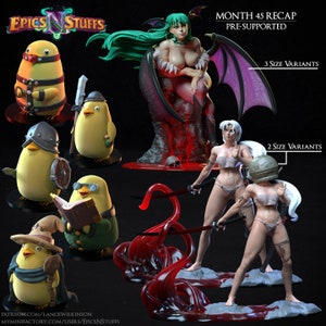 May include: A collection of 3D printed figurines, including a female demon with wings, a female warrior with a sword, and several yellow bird-like creatures. The figurines are painted in various colors, including red, green, white, and yellow. The text "MONTH 45 RECAP PRE-SUPPORTED" and "3 SIZE VARIANTS" and "2 SIZE VARIANTS" is visible in the image.