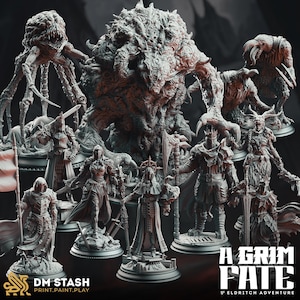 May include: A set of 3D printed miniatures for a tabletop role-playing game. The miniatures are gray and depict various characters and monsters, including a knight, a wizard, a monster with multiple eyes, and a creature with a beak. The miniatures are set on circular bases. The text "A Grim Fate 5th Eldritch Adventure" is visible in the lower right corner of the image.