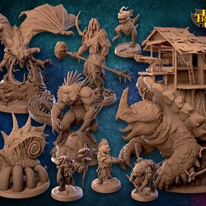 May include: A collection of miniature fantasy creatures and figures, including a dragon, a goblin, a snail, a rhino, and a small house. The figures are made of a light brown plastic and are painted in a realistic style. The Dragon Trappers Lodge logo is visible in the upper right corner of the image.