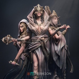 May include: Digital artwork of three robed figures in a dark setting. The central figure wears a gold crown and mask, while the others hold ornate objects. The figures are draped in flowing, light-coloured fabric with gold accents.