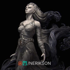 May include: A detailed sculpture of a woman in a flowing gown, with long, wavy hair and a regal crown. The figure is adorned with intricate silver-toned embellishments and a large gemstone on the belt. The sculpture has a dramatic, ethereal quality.