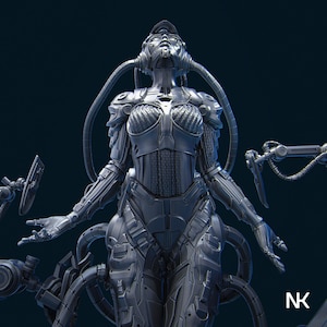 May include: A detailed, futuristic sculpture of a humanoid figure in a silver-gray metallic suit. The figure has a helmet with tubes and intricate mechanical details. The sculpture is set against a dark blue background.