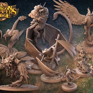 May include: A collection of nine fantasy creature miniatures, painted in a brown and beige color scheme. The miniatures are posed in various dynamic stances and include a griffin, a dragon, a goblin, and a variety of other creatures. The miniatures are all set against a green and brown background.