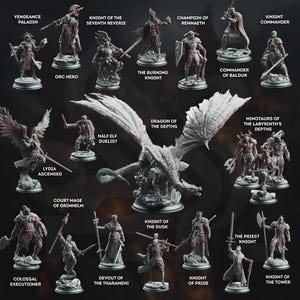 May include: A collection of detailed miniature figurines, including a dragon, knights, and mythical creatures. Each figure is posed dynamically and mounted on a small base. Text labels identify each character, such as "Vengeance Paladin" and "Dragon of the Depths."