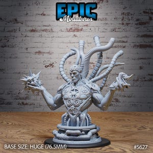 May include: A gray miniature figure of a male cyborg with mechanical details, holding a spiky object in one hand and a twisted cable in the other. The figure is mounted on a round base. The base size is huge (76.5mm). The Epic Miniatures logo is visible.