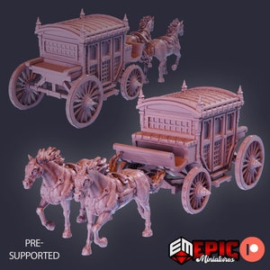 May include: A detailed 3D printed model of a horse-drawn carriage with two horses. The carriage is made of a light pink plastic and has a detailed interior. The horses are also made of light pink plastic and have detailed features.