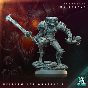 May include: A gray plastic miniature figurine of a demon warrior with horns, holding a sword and a skull. The figurine is standing on a rocky base. The background is a red and orange abstract design with the text "Demonstar The Breach" and "Helljaw Legionnaire 1".