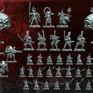 May include: A selection of miniature figurines and two futuristic spacecraft models. The figurines depict samurai warriors and futuristic soldiers. The text "Bushido Dynasty Shura" is visible at the bottom left. The color scheme is mainly grey and dark red.