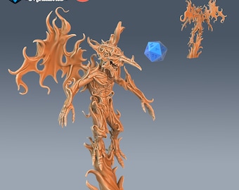 May include: A 3D printed miniature of a fire demon with wings, standing on a base of flames. The miniature is painted in a light orange color and is pre-supported. The miniature is labeled #2731 and is sized medium.
