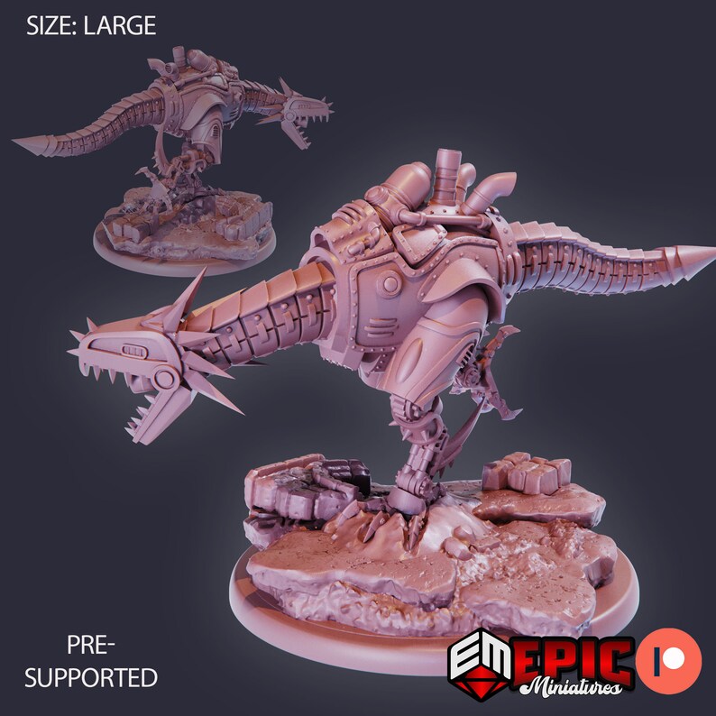 May include: A pre-supported 3D printed model of a steampunk dragon, featuring a detailed mechanical design and a large size. The model is printed in a light pink colour and is ready to be painted.