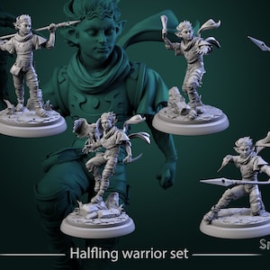 Puede incluir: Un conjunto de figuras en miniatura sin pintar de un guerrero Mediano. Cada figura está representada en una pose de acción dinámica, empuñando armas como lanzas y hondas. Las figuras están sobre pequeñas bases redondas. El texto de la imagen dice "Halfling warrior set" y "Small but sharp."