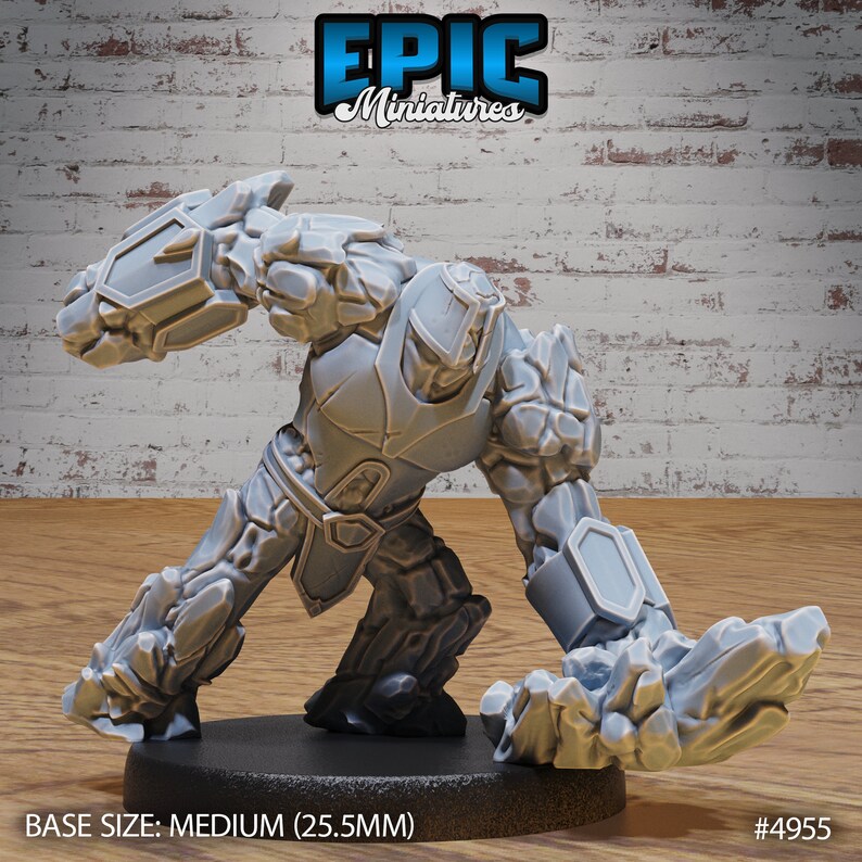 May include: Gray 3D printed miniature of a stone golem with a medium base size of 25.5 mm. The golem is in a fighting pose with its arms raised and fists clenched. The miniature is made of a smooth, gray plastic.