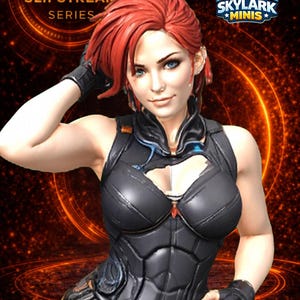 Puede incluir: Figura de una mujer con cabello rojo, vestida con un traje táctico negro. La figura es parte de "The Slipstream Series" y está etiquetada como "Weena". El logotipo de Skylark Minis está en la esquina superior derecha.