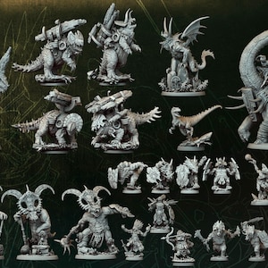 May include: A collection of detailed, gray miniature figurines depicting various fantasy creatures and characters. The set includes dinosaurs, warriors, and other fantastical beings, suitable for tabletop gaming or display. The "Agama Stampede Echoes" logo is visible.