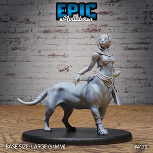May include: Gray painted miniature figurine of a female centaur with a cat-like head. The figurine is standing on a black base. The base is labeled "BASE SIZE: LARGE (51MM)" and "#4175".