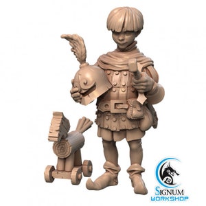 May include: A miniature figurine of a young person wearing a brown tunic and holding a helmet and a hammer. The figurine is standing next to a wooden toy horse with wheels.