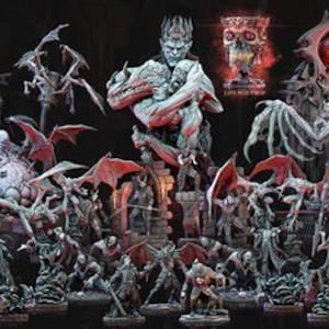 May include: A collection of 3D printed miniatures depicting a dark fantasy theme. The figures are painted in shades of red, black, and grey, and feature intricate details. The set includes a large, imposing figure with wings, as well as smaller figures of various creatures and characters. The miniatures are designed for tabletop gaming or display.