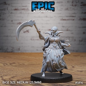 May include: A gray miniature figure of a humanoid creature with an octopus-like head, holding a scythe. The figure is wearing a detailed dress and cape. The base size is medium (25.5mm). The Epic Miniatures logo is at the top.