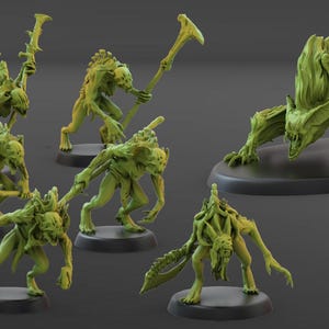 以下が含まれることがあります： 緑色の、様式化されたモンスターのフィギュアのコレクション。一部は武器を持っており、個別の黒い台座に立っています。フィギュアはポーズとサイズが異なり、大きなモンスターと玉座のような構造が含まれています。「PRESUPPORTED STL」というテキストが下にあります。