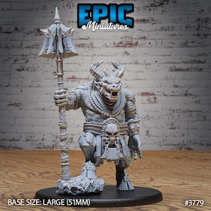 May include: Gray plastic miniature of a demon with horns, holding a spear. The demon is wearing a detailed, ornate costume with a skull and chain design. The miniature is standing on a round base. BASE SIZE: LARGE (51MM) #3779