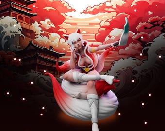 Könnte beinhalten: Digitales Kunstwerk mit einer Figur mit weißen Haaren und Fuchsohren, bekleidet mit einem rot-weißen Outfit. Die Figur sitzt auf einem großen, flauschigen Schwanz, vor einem japanisch anmutenden Hintergrund in Rot- und Orangetönen.