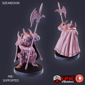 May include: A 3D printed miniature of a horned figure wearing armour and a cloak, holding a spear with a bladed head. The miniature is pre-supported and is ready to be printed.