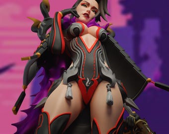 May include: A detailed figurine of a character in a black and red outfit with a cape. The figure has a dynamic pose, with one hand near the face. The color palette includes black, red, and purple, with gold accents.