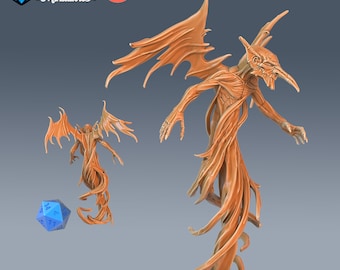 May include: A 3D printed miniature of a skeletal, winged creature with a long, thin beak. The creature is posed in mid-flight with its wings spread wide. The miniature is painted in a light orange color. The miniature is pre-supported and is part of the Epic Miniatures collection. The miniature is labeled #2498 and SIZE:MEDIUM.