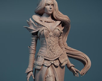 May include: A detailed sculpture of a regal figure, likely a queen, with long flowing hair and a crown. The figure wears an ornate dress with intricate detailing, including a corset-like bodice and decorative sleeves. The sculpture is a neutral color, possibly stone or clay.
