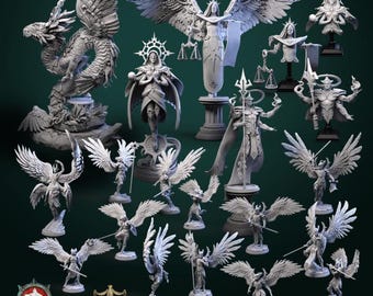 May include: A collection of 17 miniature figurines depicting angels, demons, and other mythical creatures. The figurines are made of a gray, unpainted resin and are posed in various dynamic stances. The figurines are arranged on a green background with the text "HEAVENLY JUSTICE" and "White Werewolf Tavern" visible at the bottom.