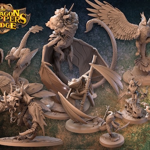 May include: A collection of nine fantasy creature miniatures, painted in a brown and beige color scheme. The miniatures are posed in various dynamic stances and include a griffin, a dragon, a goblin, and a variety of other creatures. The miniatures are all set against a green and brown background.