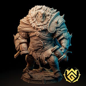 May include: A detailed, hand-painted miniature figurine of a warrior wearing armor and a fur cloak, holding a hammer in each hand. The figurine is standing on a base with a circular design.