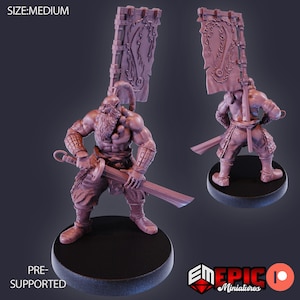 May include: A 3D printed miniature of a muscular, bearded warrior holding a sword and a banner with a dragon design. The miniature is painted in a light pink color and is standing on a round base. The miniature is pre-supported and ready to be printed.