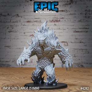 May include: A gray, fire elemental miniature with a rocky texture and flames. The miniature is standing on a black base. BASE SIZE: LARGE (51MM) #4282