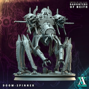 May include: A detailed, gray Doom-Spinner miniature, a mechanical spider-like war machine. The model features multiple cannons, intricate mechanical details, and the text "Doom-Spinner" at the base. The background includes the text "Empire of the Stars Daughters of Neith".