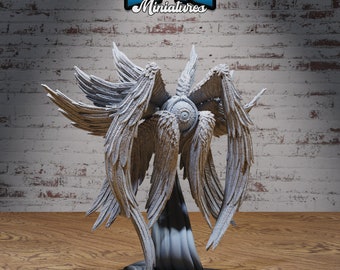 May include: A white, detailed miniature of a creature with a single large eye and multiple wings. The creature is standing on a black base. BASE SIZE: HUGE (76.5MM) #4652