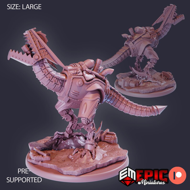 May include: A 3D printed, pre-supported, grey plastic model of a steampunk dinosaur. The dinosaur has a long tail, a large head, and a mechanical body. The model is posed on a circular base.