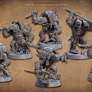 May include: Six grey plastic miniature figurines of turtlekin warriors, each with a different weapon and pose. The figures are standing on circular bases. The text "Jadeshell Turtlekin" is visible at the top of the image.