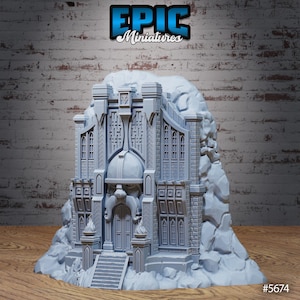 May include: A gray miniature castle model with intricate architectural details, including arched windows, a domed roof, and a detailed facade. The model is set against a rocky backdrop and features the text "EPIC Miniatures". The model is labeled with the number #5674.