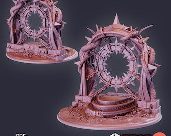 Może przedstawiać: Trójwymiarowy model drukowany 3D przedstawiający okrągły portal z kolczastą, winną ramą. Portal jest wykonany z metalu i ma szczegółowy projekt. Model jest wstępnie podparty i gotowy do wydrukowania.