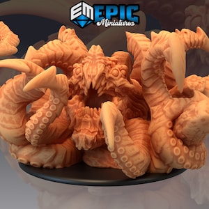 May include: A detailed, multi-part, unpainted miniature of a monstrous creature with multiple tentacles and a gaping maw. The miniature is made of a light brown plastic and is ready to be painted.