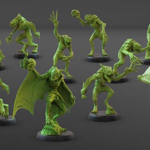 Puede incluir: Un conjunto de 12 miniaturas impresas en 3D de color verde que representan criaturas parecidas a murciélagos con alas, garras y dientes afilados. Las miniaturas están en varias posiciones dinámicas, algunas con las alas extendidas y otras con las garras extendidas. Las miniaturas están diseñadas para juegos de mesa o juegos de rol.