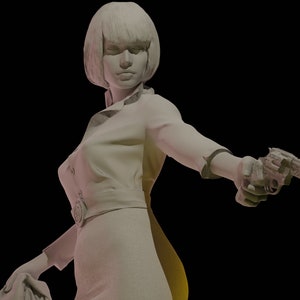May include: A white, stylized sculpture of a woman with short blonde hair, wearing a white dress and holding a gun in her right hand.