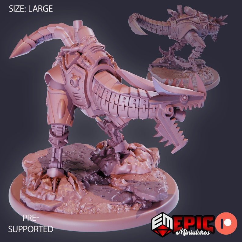 May include: A detailed 3D printed model of a mechanical dragon, with a large, toothy mouth and a long, segmented tail. The dragon is posed in a standing position, with its front legs extended and its back legs bent. The model is printed in a light pink colour and is pre-supported for easy printing.