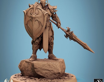 May include: A detailed miniature figurine of a warrior in armor, holding a spear and shield. The warrior is wearing a helmet with a sun-like design and has a flowing cape. The figurine is standing on a rocky base.