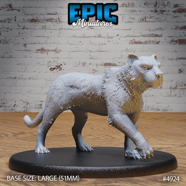 May include: A white, furry, miniature figurine of a large cat, standing on a black base. The base is labeled "BASE SIZE: LARGE (51MM)" and "#4924".