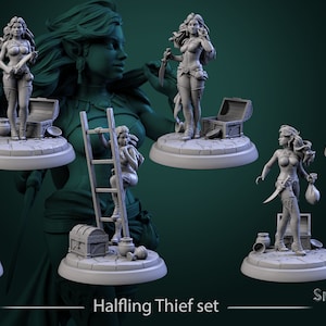 Puede incluir: Conjunto de cinco figuras en miniatura impresas en 3D de color gris de ladrones halflings. Cada figura está representada en una acción diferente, como escalar una escalera, sostener una daga o estar de pie con una bolsa de monedas. Las figuras están colocadas sobre bases circulares con una superficie texturizada.